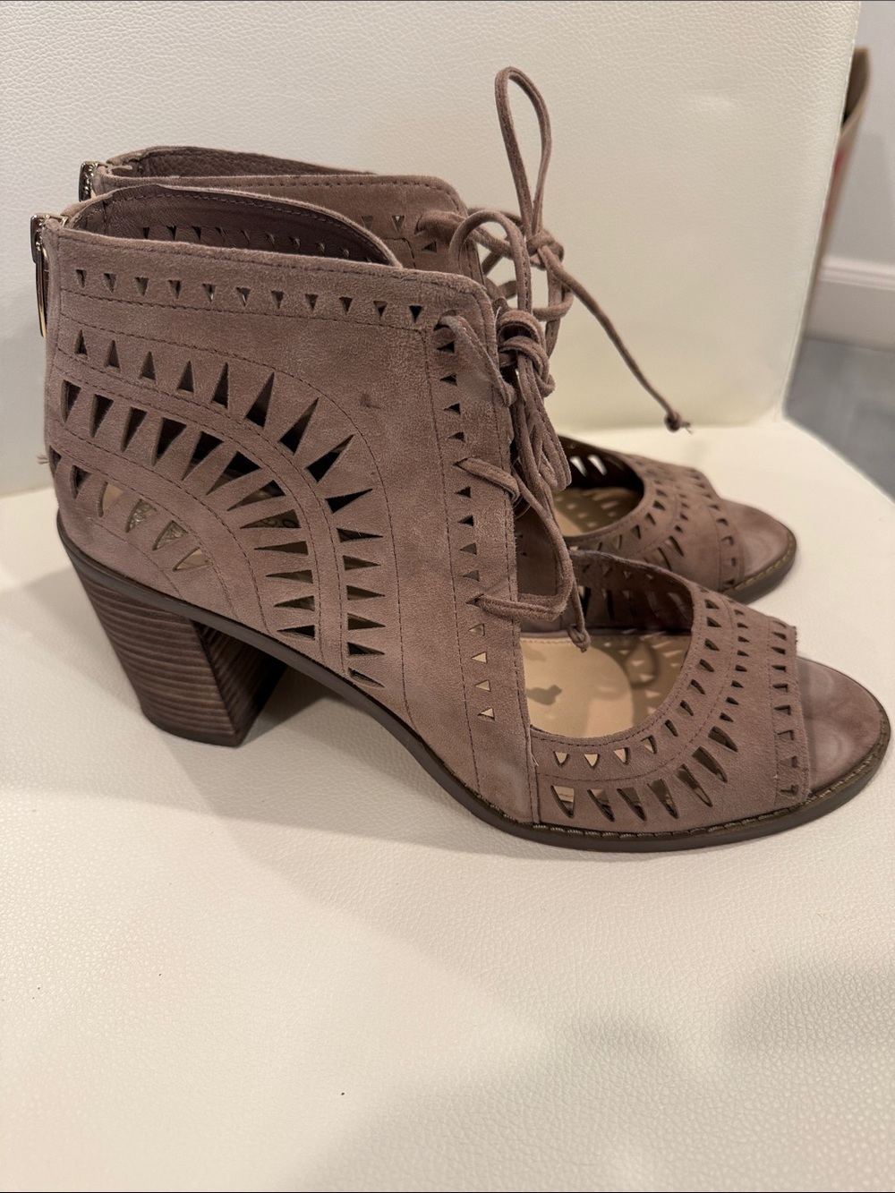Vince Camuto Taupe Cutout Lace-Up Block Heel Booties